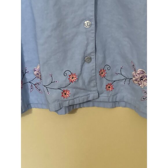 Embroidered Linen Blend Shirt Sz 18 Button-Down Light Blue Floral Beach Lagenlo - Picture 8 of 12